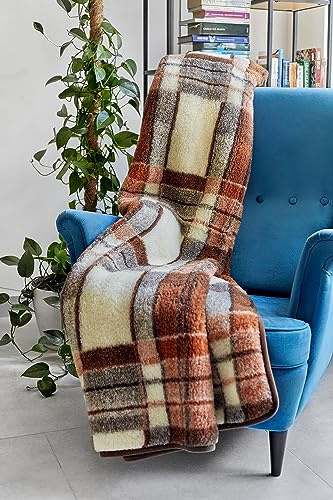 Merino Wool Blanket Throw NATURAL check fleece blanket woolen blanket WOOLMARK (200 x 220 cm)