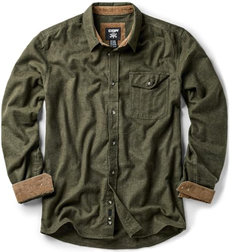CQR Men's 100% All Cotton Button Down Flannel Shirts, Long Sleeve Brushed Warm Soft Casual Outdoor Plaid Shirt, Corduroy Hunter Green, Large