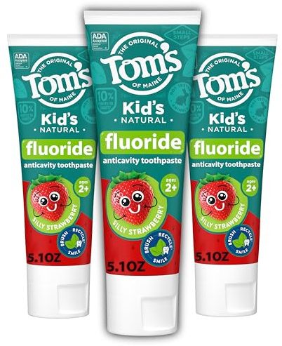 Tom's of Maine ADA Approved Fluoride Kids Toothpaste, Natural Toothpaste, Dye Free, No Artificial Preservatives, Silly Strawberry, 5.1 oz. 3-Pack (Packaging May Vary)