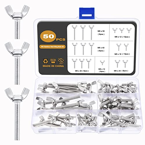 Gueenky 50 Stück Flügelschrauben Set, M6 Flügelmuttern Edelstahl Schmetterlingsmutter Gewinde Wing Nuts, 7 Größen 10-50 MM Schmetterlingsschraube Schmetterling Flügelmuttern Sortiment