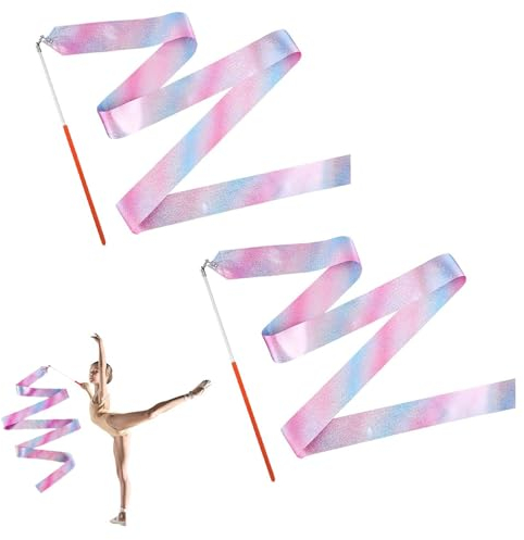 2 Stück Gymnastikband mit Stab, 2m Tanzbänder Kinder, Bänder für Gymnastik, Tanzband, Rhythmische Sportgymnastik Band, Bänder für Gymnastik, Tanzband für Künstlerische Tanztraining Baraufführung