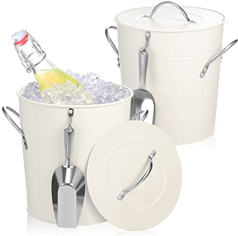 2 Pack Ice Buckets with Scoops 4QT Stainless Steel Ice Bucket Container for Party White Drink Champagne Insulated Server for Bars Home Barbecue Picnics Camping with Lids and Handles