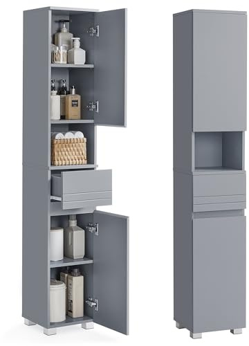 VASAGLE Armario de Baño, Mueble de Almacenamiento, con un Cajón, Compartimientos, Estantes Ajustables, 30 x 30 x 170 cm, Gris Místico BBC560P36