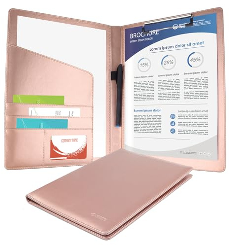 Porte-documents en cuir de rangement pour CV avec pince-notes - Porte-documents GES A4 avec pince-notes pour entreprise école bureau conférence (Nouvel or rose)