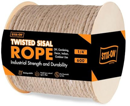 STIX-ON Cuerda de sisal trenzada, cuerda de sisal de 600 x 1/4 pulgadas, cuerda multiusos para rascadores de gatos, proyectos de bricolaje, jardinería, artes y manualidades, cuerda de sisal natural de