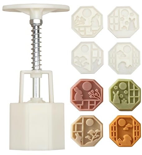 Chinesische Set aus Formen für Mondkuchen， Mondkuchenform mit 4 Ausstechformen mit einstellbarer，DIY Mond Kuchen Pressformen (C)