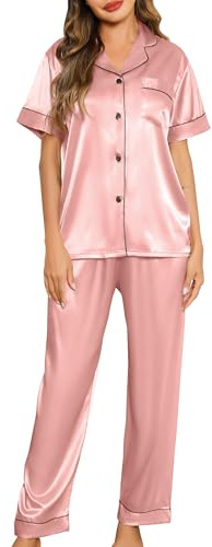 Lovasy Women's Satin Pyjama Set Classic Silky Pajama Button Down Ladies Pyjamas Two Piece Pjs Set,Pink,XXL