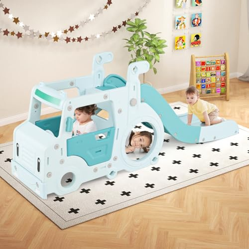 RELAX4LIFE Scivolo Pieghevole 3 in 1 per Bambini, a Tema Autobus con Casetta da Gioco, Tunnel per Strisciare, Corrimano Rialzati, Volante Simulato e Leva di Comando, 18 Mesi +, 204x45,5x82 cm