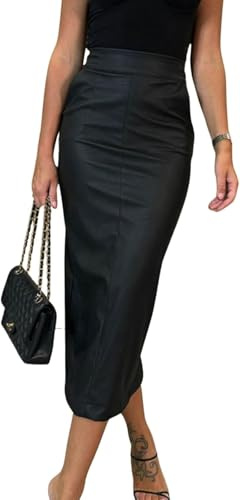 LLECDASEUI Gonna Lunga in Ecopelle da Donna Bodycon vita Alta Matita Sottile Controllo della Pancia Gonna Midi con Tasche (Nero,S)