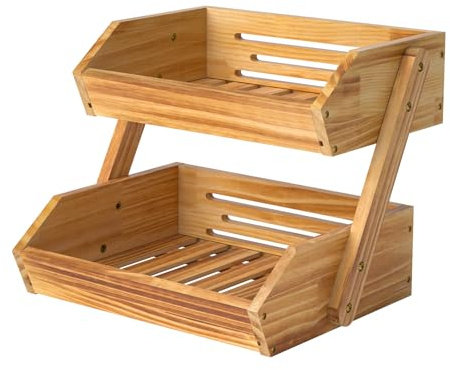 CALM COZY Cesta De Frutas, Cesta De Frutas De Madera Pino De 2 Niveles para La Cocina, Cesta De Almacenamiento De Frutas para El Pan, Estante Madera para Verduras