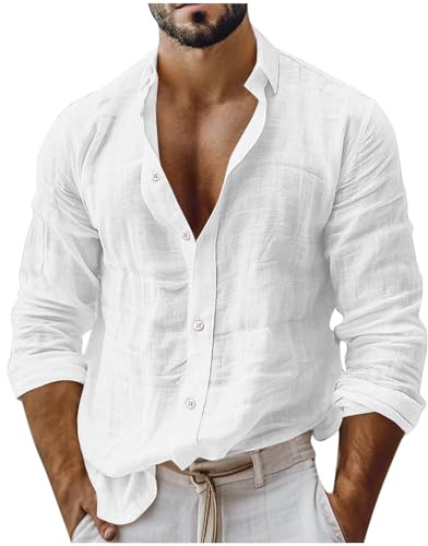 AEGJEGVD 2025 Chemise Lin Homme Homme Manches Longues en Lin Coton Hommes été Col à Revers Chemise de Plage Classique Décontractée Ample et Respirant Chemises Boutonnées en Lin Coton Shirt