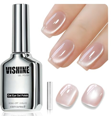 Vishine 16 ml Smalto Gel Occhio di Gatto Effetto Vetro Ghiacciato Glitter Olografico Traslucido Soak Off Magnetico per Nail Art, Nude Pink MY398