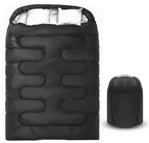 Double Sleeping Bag for Adults Camping,Bring Pillow, XL Queen Size Sleeping Bags for 2 Person Hiking Backpacking, Lightweight Waterproof with Compression Sack (Black, 2 Person)
