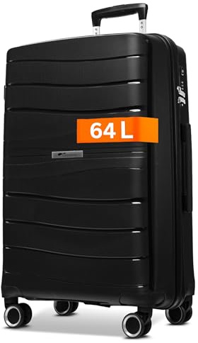 Leon Koffer Mittelgroß 68 Liter Volumen - mit TSA Schloss, Koffer & Trolleys, Reisekoffer, Hartschalenkoffer, Reisekoffer mit Rollen, Trolley, Hartschalenkoffer mittelgroß, Koffer L (Schwarz, L)