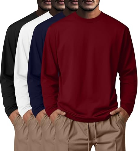 Neer 4 Pack Men Big and Tall Shirts Cotton Long Sleeve Basic Top | Long Sleeve Crew Neck Shirts, Loose Baggy Plus Size Undershirts, Soft Plain Lounge Tees for Casual Daily Wear, Comfy Clothes