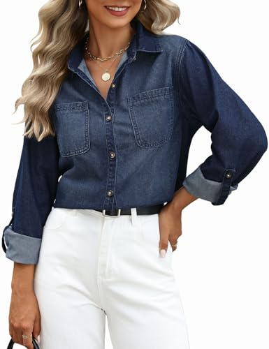 CMTOP Camicia Donna Camicetta Manica Lunga Loose Camicia Jeans Elegante Bottoni Scollo a V Tunica Blusa Basic Jacket Maglietta Primavera Autunno Giacca Shirt Top (Blu Scuro, XXL)