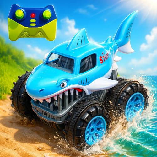 Toyana Remote Control Cars for Kids, 2.4 GHz Rechargeable RC Stunt Car, Durable Waterproof Mini Shark Monster Truck, Indoor Outdoor, On-Road Off-Road Gift for Children 3+ Years