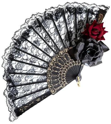 Abanicos en Encaje Negro, Vintage Abanico de Encaje, Abanico Mano para Mujer, Abanico Plegable Elegantes, Accesorios Plegables Retro, con Negro y Rojo Rosas, para Bodas y Fiestas
