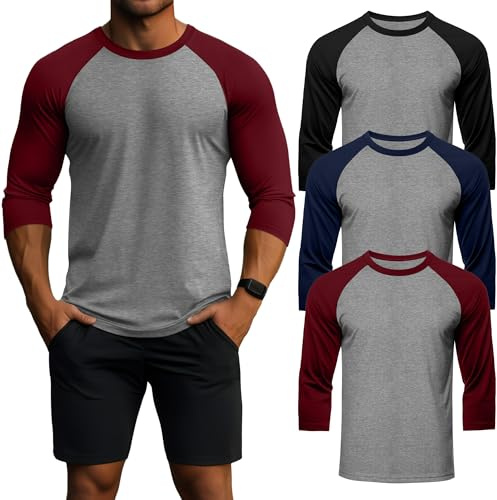 Geyoga Lot De 3 T-Shirts pour Homme À Manches 3/4, Col Rond, Style Baseball, Respirants Et Sportifs