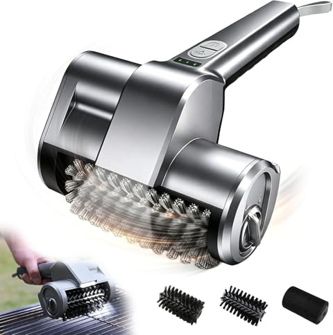Cepillo Eléctrico para Parrilla con Protector Antisalpicaduras, 2 Velocidades, luz LED y 3 Cabezales Intercambiables – Limpiador Parrilla Barbacoa Potente para Todo Tipo de Parrillas