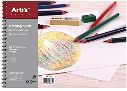 MP-ARTIX, Bloc de Dibujo, Tamaño A3, 70 Hojas de 110gr, Bloc de Bocetos con Espiral, 42x29,7 cm, Ideal para Dibujar con Carboncillo, Lápiz, Rotulador, Ceras o Pinturas