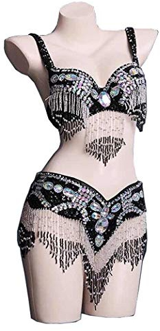 Wuchieal Women‘s Belly Dance Costume Outfit Set Bra Belt Carnival Bollywood (One Size, 1# Black)