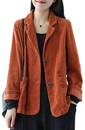 ebossy Women's Casual Relaxed Fit Notch Collar Two Button Corduroy Blazer Jacket (Medium, Caramel)