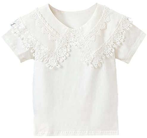 aromm Ragazza Camicetta a Maniche Corte in Cotone, per Uniforme Scolastica, con Ricamo in Pizzo Bianco 9-10 Anni