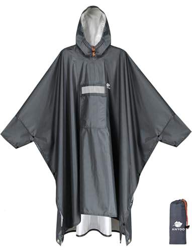 Anyoo Poncho Antipioggia Impermeabile con Maniche e Tasca, Leggero e Riutilizzabile, con Cappuccio ideale per Attività all'aperto, Campeggio, Escursionismo, Pesca, Grigio, Taglia Unica