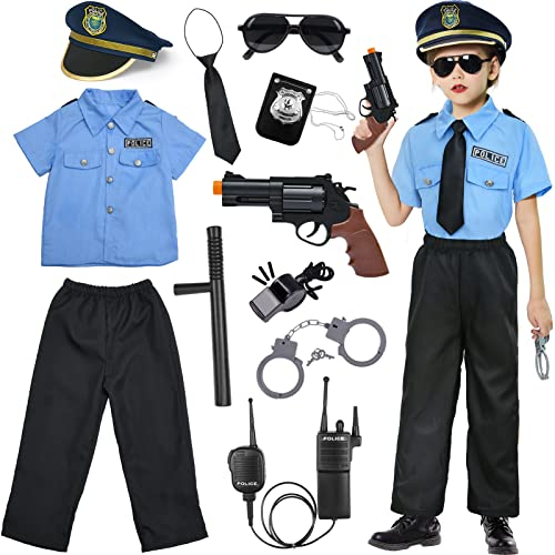 Polizei Kostüm Kinder mit Polizei Ausrüstung Polizei Hemd Hosen Polizeimütze Handschellen Polizeiabzeichen Brille Walkie Talkie Polizei Spielzeug Halloween Karneval Kostüm für Kinder Jungen Mädchen