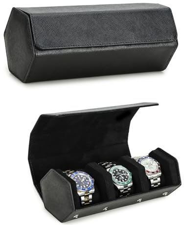 Hiram Watch Roll Case Genuine Leather Hexagon Watch Travel Case for 3 Watches Protective Watch Storage Box (Black)