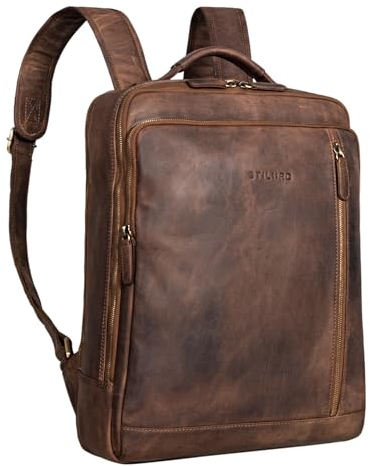 STILORD 'Kaleb' Laptoprucksack Leder Business Rucksack Groß Lederrucksack mit Laptopfach 15 Zoll und Trolley Aufstecksystem Vintage Echtleder, Farbe:mittel - braun