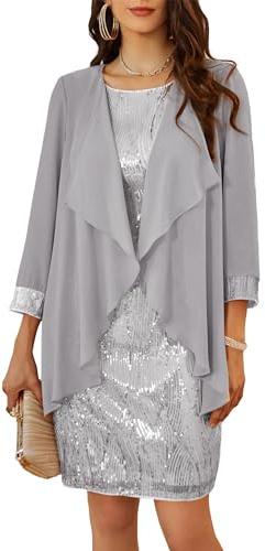 GRACE KARIN Klänning med paljetter, rund hals och A-linje, ärmlös, + blus, tvådelat set, Silver/vit, L