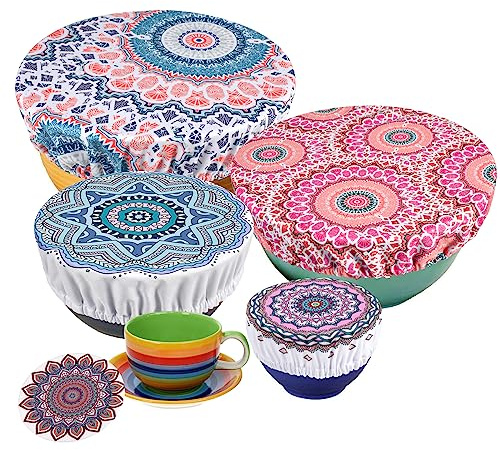 PHOGARY 5 coperture per alimenti, riutilizzabili, in tessuto, con elastico, coperchio estensibile, in tessuto impermeabile, per ciotola in vetro alato, Modello Mandala A