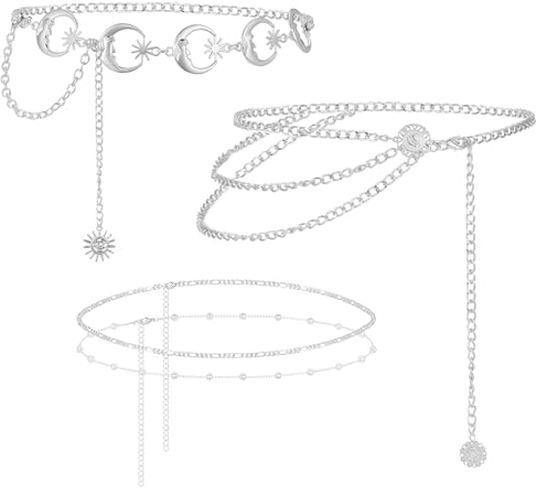 Otuuz 3 Stück Bauchketten Set Metall Taillenketten Mehrschichtige Lange Quasten Mond Stern Sonne Anhänger Bauchkette Gürtel Set Frauen Taillen Schmuck (Silber)