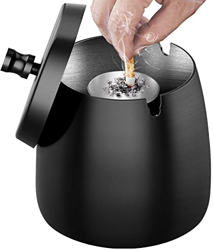 Aschenbecher für Draussen (10 * 9 * 10cm) - Aschenbecher mit Deckel, Groß Aschenbecher Outdoor, Windaschenbecher Edelstahl, Sturmaschenbecher mit Boden, Standaschenbecher für Draußen - Schwarz