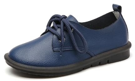 Mocasines Casual para Mujer de Cuero, Zapatos Plano con Cordones, Zapatos Transpirables Cómodo y Suela Suave, Talla 35-44(Azul Oscuro-44)