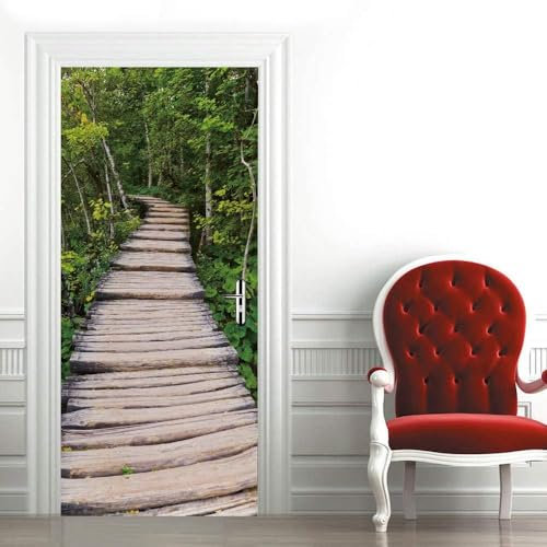 Adesivi Per Porte 3D Murale Scenario Del Ponte Di Bosco 77 X 200 Cm Decalcomania Di Carta Autoadesiva Da Parete 3D Art Déco Rimovibile Impermeabile Poster Scena Finestra Porta Camera Nursery U 0