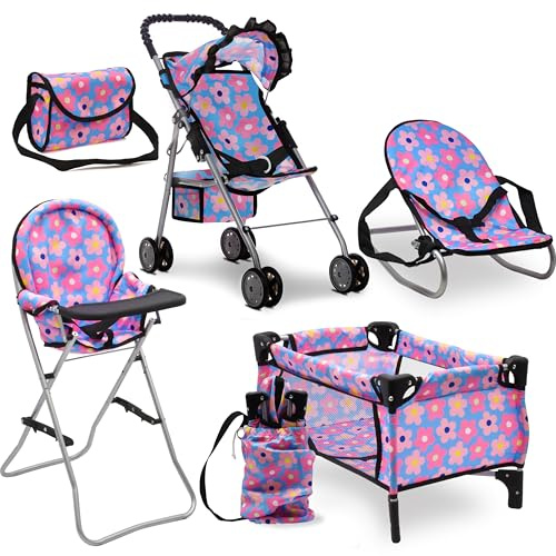 Baby Doll Stroller Bed and Seat Nursery Playset, Baby Doll Accessories Set High Chair Diaper Bag Role Play Deluxe Baby Doll Blue Set