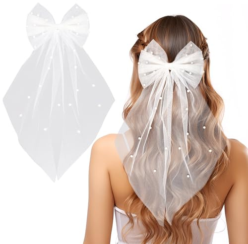 VZXQX Velo de Novia Corto Blanco con Perla, Velo Novia de Tul Horquilla de Lazo Accesorios para el Cabello de Fiesta para Mujeres y Niñas, Boda, Despedida de Soltera