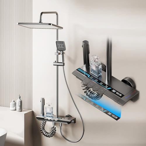 CALISTOUK Columna Ducha con Grifo, 4 Funciones Elegantes Teclas de Piano Columna Ducha, Material de Aluminio de Aviación | Indicación de La Temperatura, Altura Regulable 77-145cm