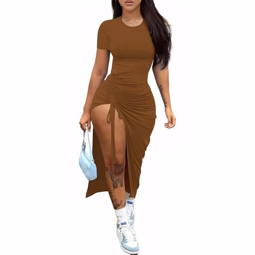 Nimsruc Women Sexy Summer Bodycon Dresses Slit Maxi Party Dress Brown L