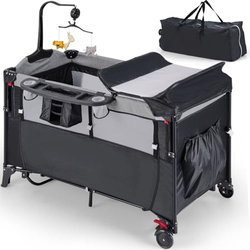 Maxmass 5 in 1 Baby Travel Cot, Folding Infant Crib with Mattress, Diaper Changer, Music Box, Hanging Toys & Basket, Height Adjustable Bedside Sleeper for Newborn (Black)