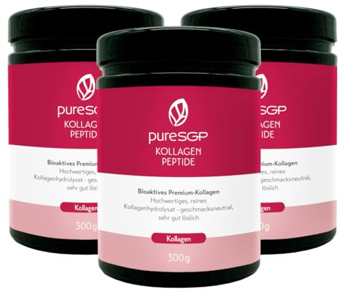 pureSGP® Kollagen [3x300g]: Reinstes Kollagen in Apothekenqualität - Bioaktive Premium-Peptide aus hochwertigem Kollagenhydrolysat. Mit Vitamin C & Biotin - Geschmacksneutral - Gute Löslichkeit