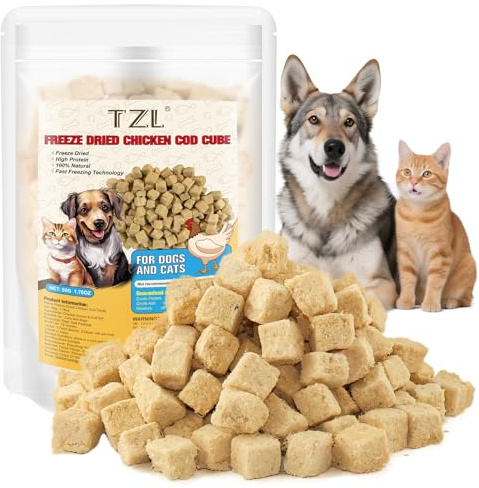 Snack per Gatti Liofilizzati con Pollo e Merluzzo, Premio Naturale ad Alto Proteine per Cani, Trattamento Sano Masticabile a Ingredienti Limitati 50g