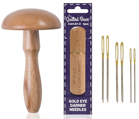 The Quilted Bear Darning Mushroom & Darning Needles - Smooth Wooden Mushroom Darner with Large Eye Darning Needles for Wool in a Premium Engraved Wooden Case (Sizes 3/2/1)