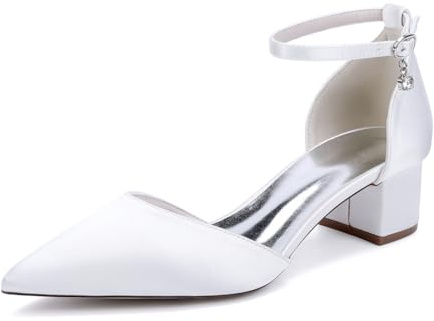 MlYJmer Donna Punta Chiusa Blocco Basso Tacchi Grossi Cinturino alla Caviglia Scarpe da Sposa da Sposa,Bianca,36 EU