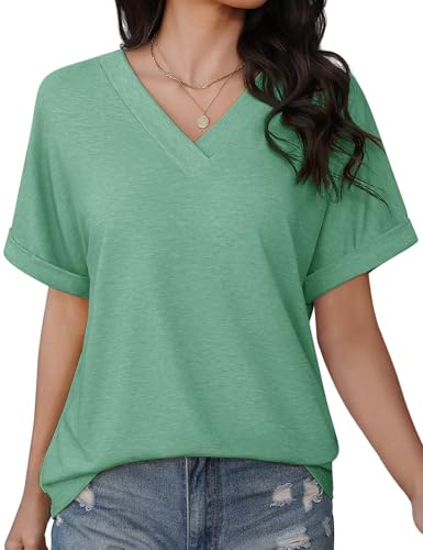PASUDA Maglietta Donna Manica Corta T Shirt Scollo a V Magliette Elegante Ampia Maniche Corte Blusa Donna Estiva Camicia Top Casual Tee Abbigliamento Estivo Moda (Verde, XL)