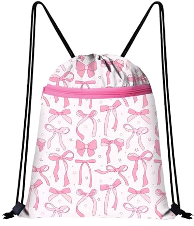 Cosiesnest Pink Bow Drawstring Bags Waterproof Large Capacity String Backpack Pink Gym Bag Coquette Sport Bag for Women Girls School Swimming Travel Fitness Hiking Picnic