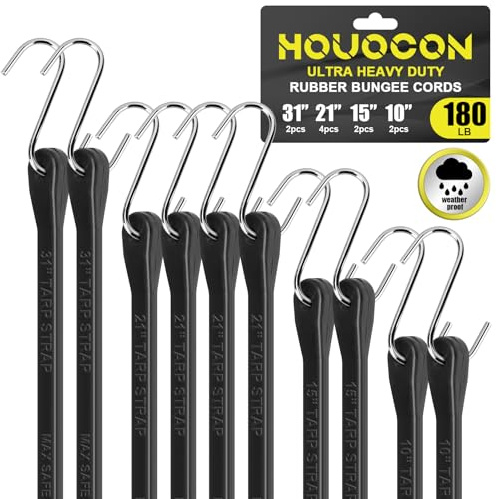 HOUOCON 10 Pack Heavy Duty Bungee Cords with S-Hooks, 31 21 15 10 EPDM Rubber Tarp Straps – All-Weather Tie Downs for Truck Bed, Trailer, Cargo, Camping & Marine Use